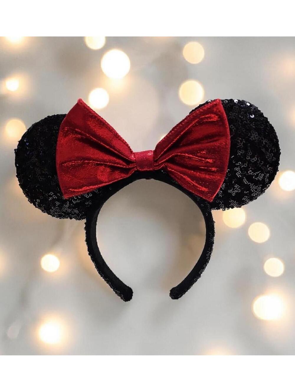 Disney Minnie Mouse Black Sequin Ears Headband Red Bow, One Size, Official